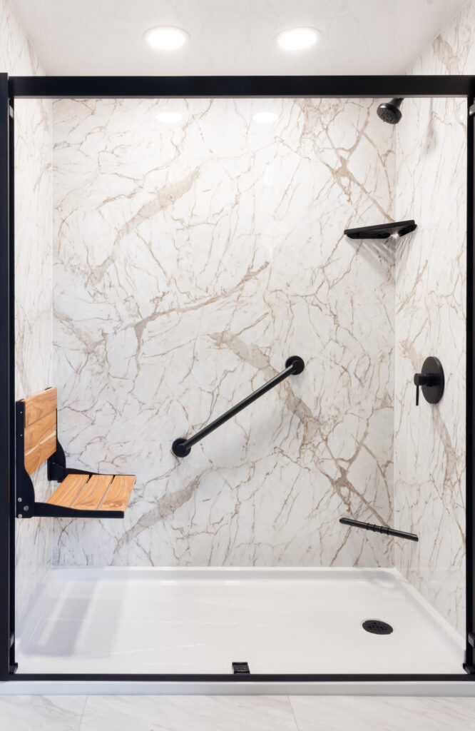 Stand up shower with senior bench and grab rails for shower